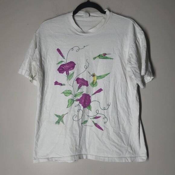 Vintage 1980s MCMXCII Bird Flower Shirt Size Large Made In USA Air Waves White - Picture 1 of 9